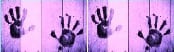 A purple picture of two hands with black ink.